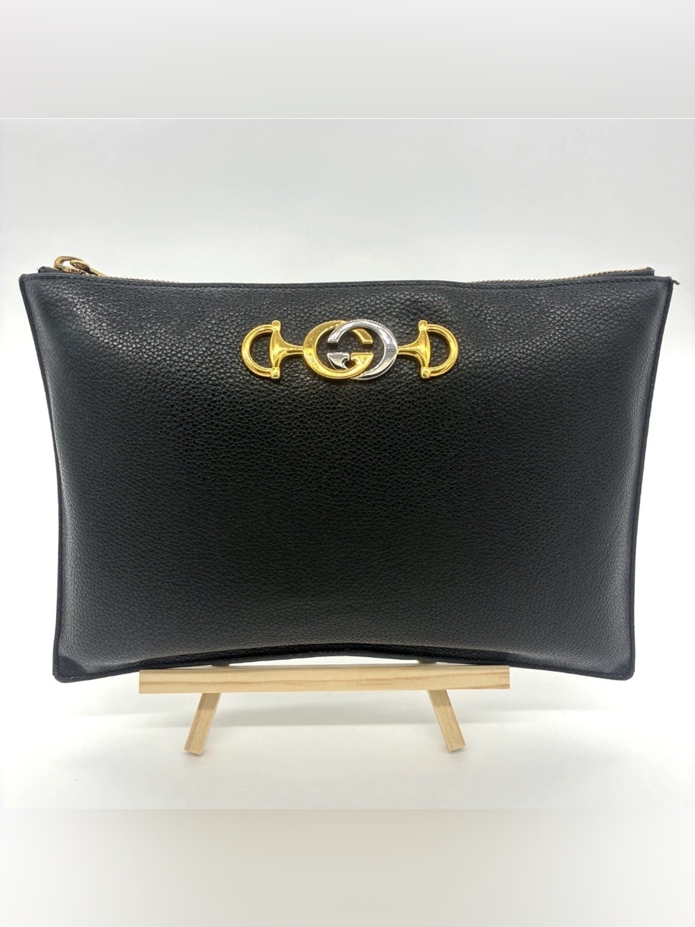 Gucci Zumi Black Leather Clutch bag  with Gold and Silver Horsebit Accent